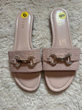 GUESS Pale Pink Embossed Logo Slide Sandals with Gold Accent